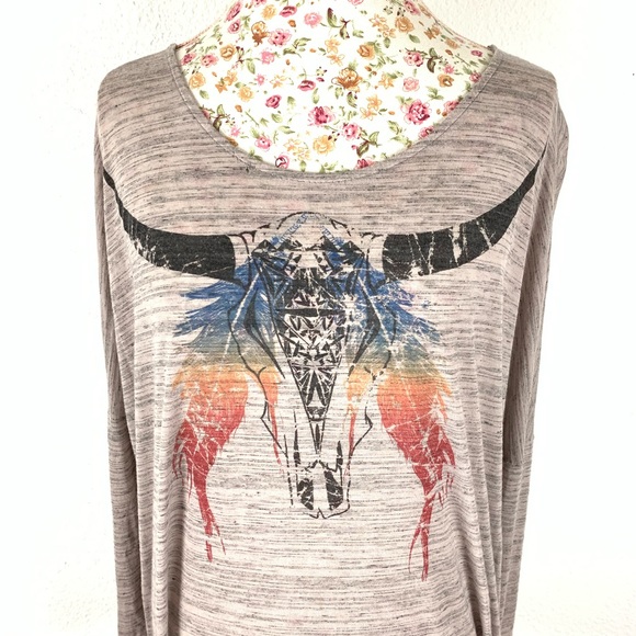 Lush tan lightweight drop-sleeve Top multicolor longhorn western boho motif L - Picture 15 of 15